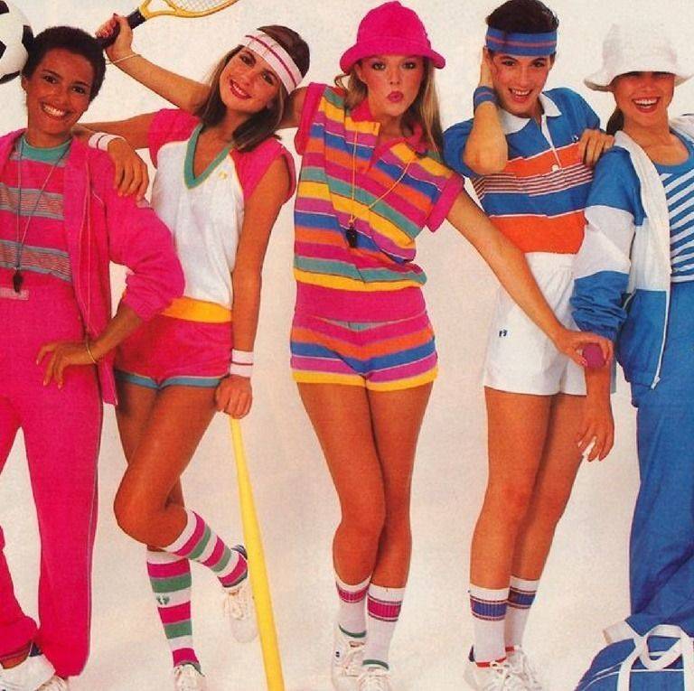 People dressed in 80s sports gear